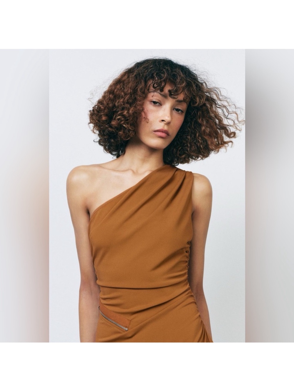 Zara Asymmetrical Brown One Shoulder Midi Dress with Zippers - Picture 2 of 8